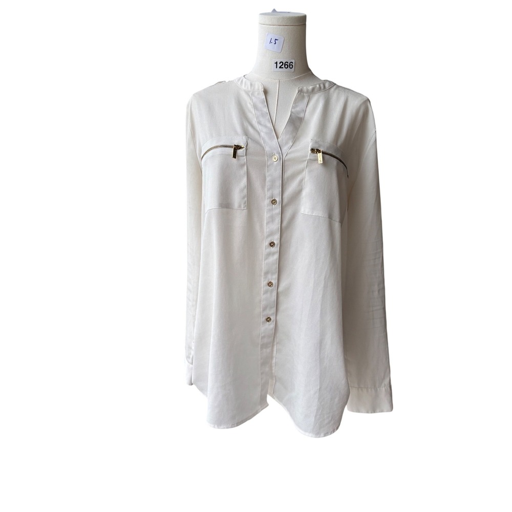 Calvin Klein Utility Blouse 1.5 Ivory Gold Zip Roll Tab Sleeve Workwear Shirt